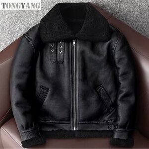 Vintage Shearling Leather Jacket Mens Black Aviator Biker Coat